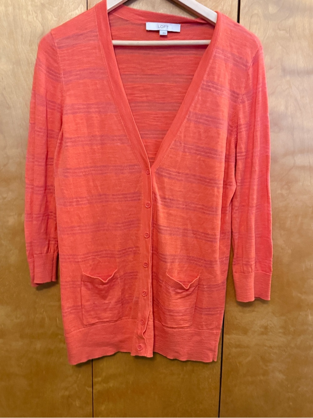 LOFT Coral Orange Lightweight V-Neck Button Cardigan